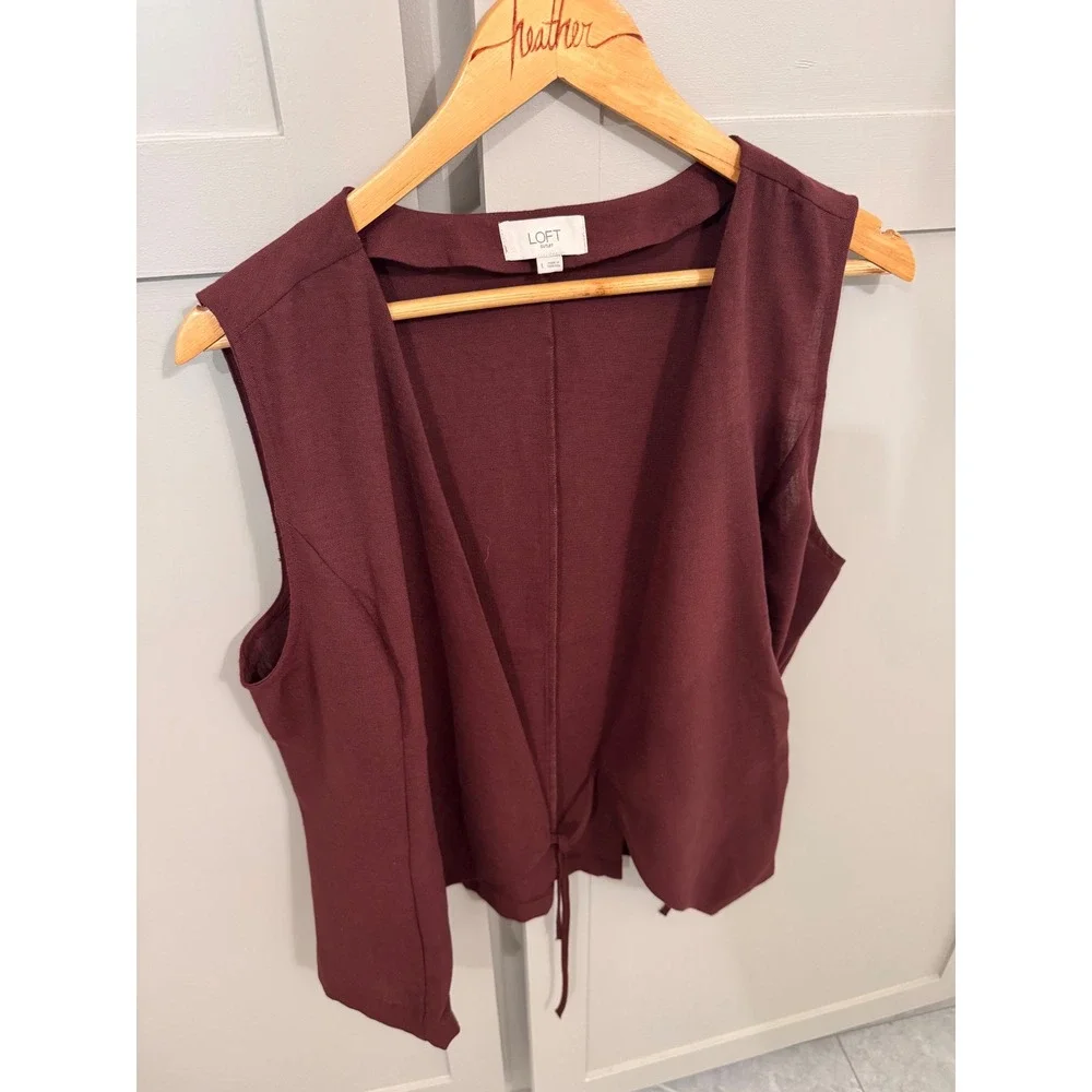 Womens Loft Burgundy Maroon Open Front Tie Hem Vest Sleeveless Cardigan L‎